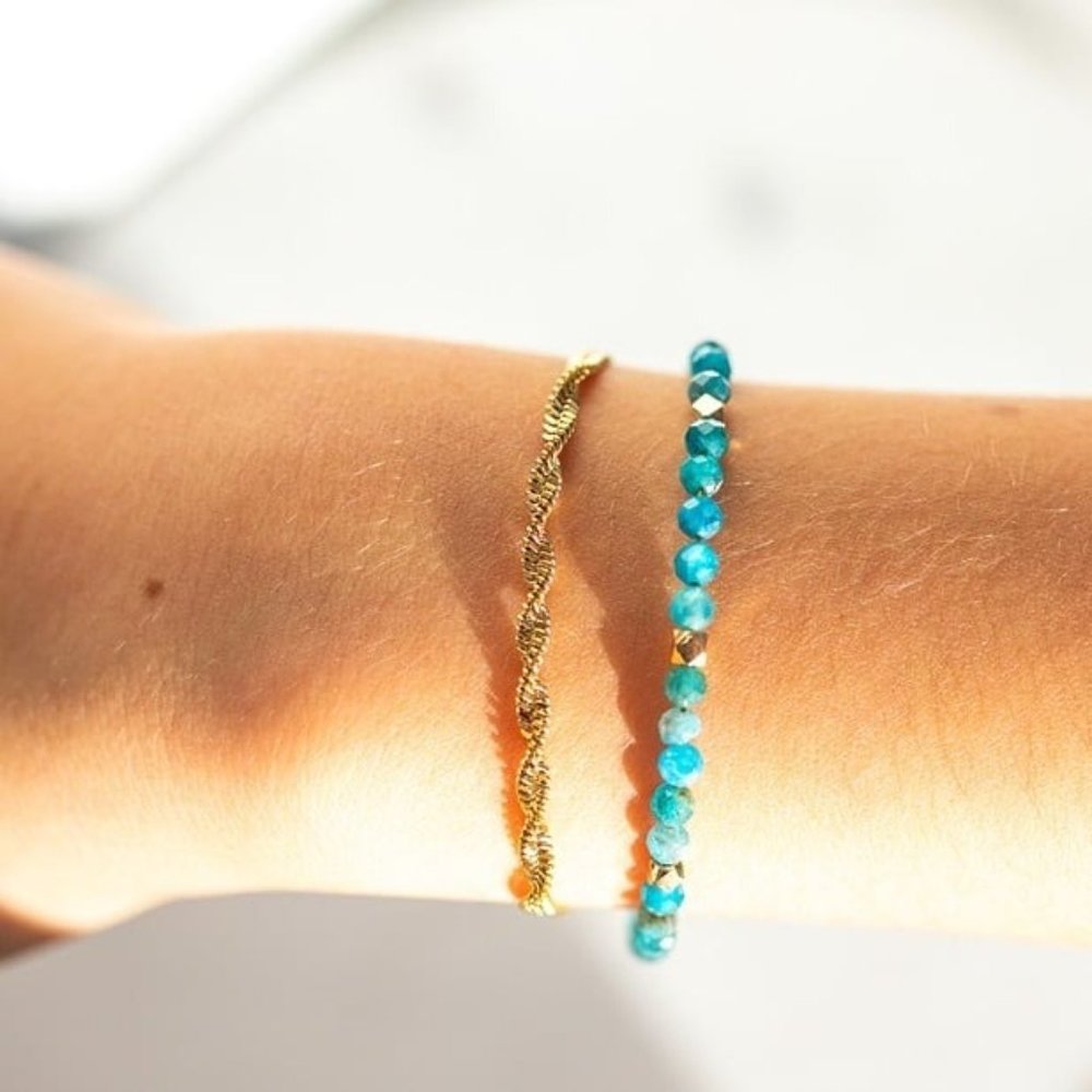 Bundle 2 Bracelets! Blue apatite Gemstone Beaded Gold twist bracelet waterproof